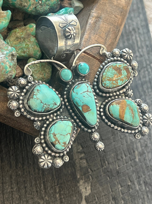 Apache Made Sterling Silver & Pilot Mountain Turquoise Butterfly Pendant by Rosella Paxson