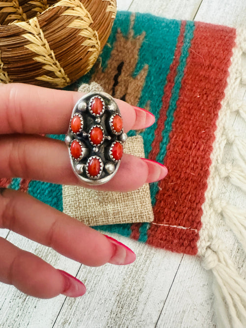 Old Pawn Navajo Sterling Silver & Coral Ring Size 8