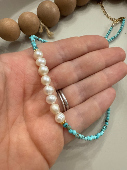“The Golden Collection” Handmade Turquoise & Pearl Beaded Gold Plated Necklace
