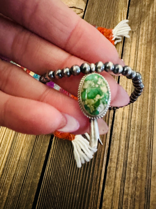 Handcrafted 3mm Sterling Silver Pearl & Turquoise Blossom Stretch Bracelet