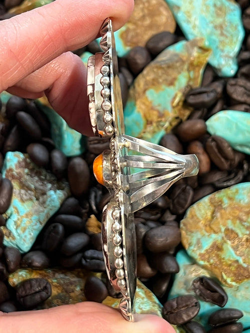 Apache Sterling Silver, Wild Horse Heart and Spiny Oyster Shell Statement Ring by Rosella Paxson, Size 9