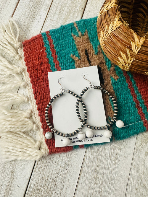 Navajo White Buffalo & Sterling Silver Pearl Beaded Hoop Earrings