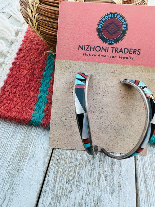 Handcrafted Old Pawn Sterling Silver & Multi Stone Inlay Hoop Earrings