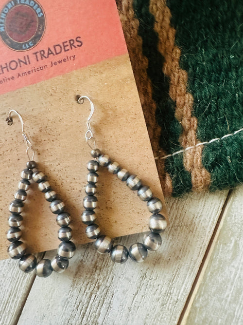 Navajo Sterling Silver Pearl Beaded Dangle Hoop Earrings