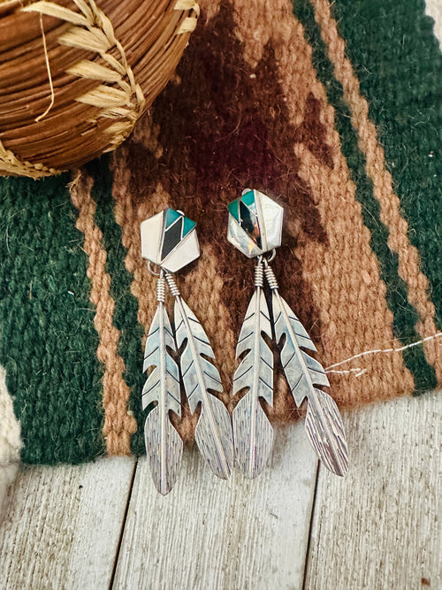 Handcrafted Old Pawn Sterling Silver, Turquoise & Onyx Feather Clip On Dangle Earrings
