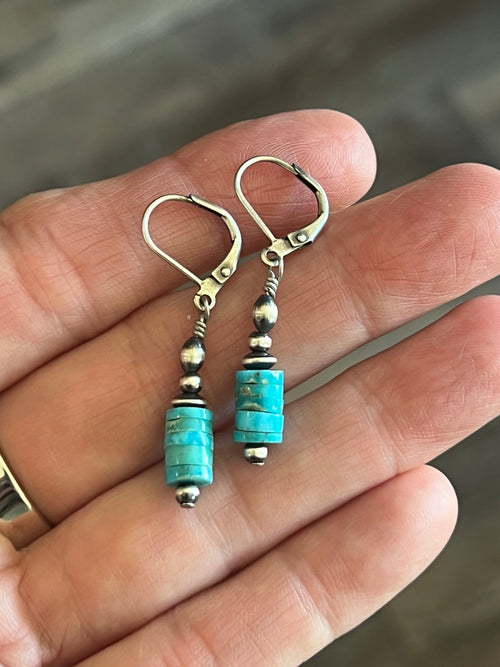 Navajo Made Sterling Silver Petite Summer Lovin’ Sonoran Turquoise Beaded Drop Earrings, Leverback