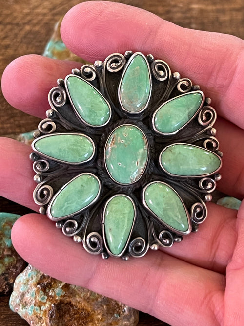 Old Pawn Verdy Jake Sterling Silver and Green Turquoise Cluster Ring, Adjustable