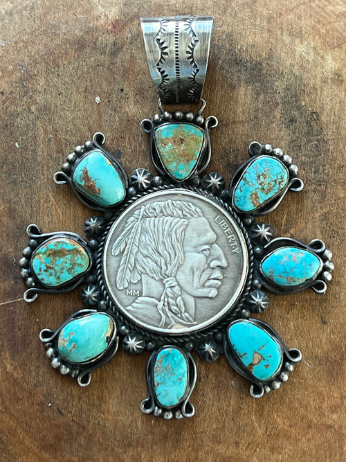 Rosella Paxson Natural Royston Turquoise and Fine Silver Indian Head Bullion Cluster Pendant