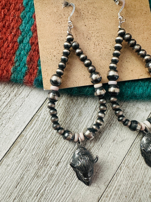 Handcrafted Queen Pink Conch & Sterling Silver Pearl Bullhead Beaded Hoop Earrings