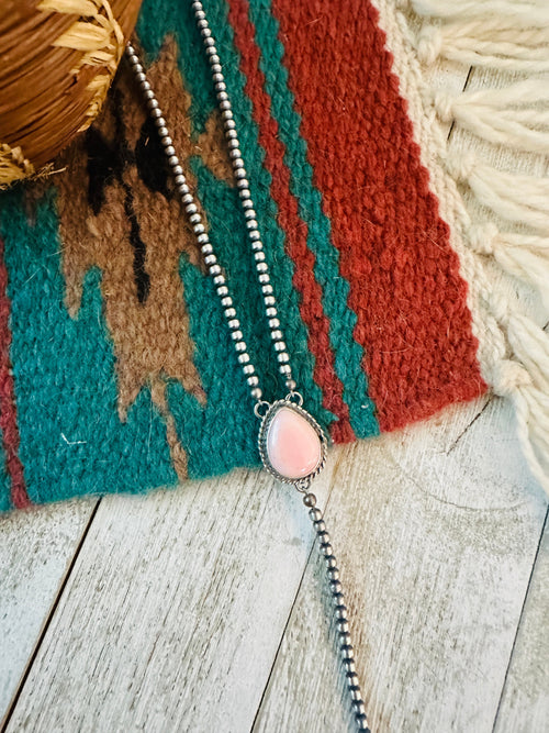 Queen Pink Conch & Sterling Silver Pearl Beaded Lariat Necklace
