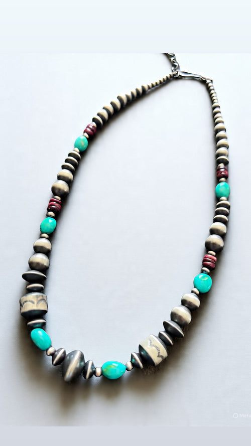Navajo Made Electric Rainbow Sterling Silver, Turquoise and Spiny Oyster Single Strand Beaded Necklace by Rose Martin, 20 + 2 Inches