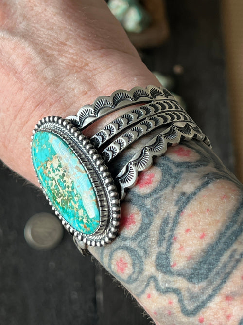 Handcrafted and Hand Stamped Sterling Silver and Royston Turquoise Cuff Bracelet by Diane Wylie