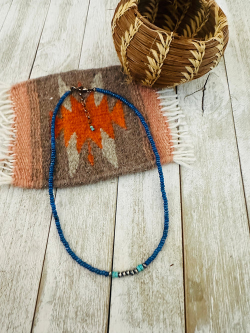 Navajo Lapis, Turquoise & Sterling Silver 16” Beaded Necklace