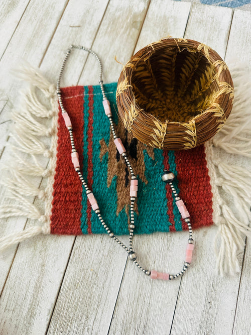 Handcrafted Queen Pink Conch & Sterling Silver Beaded Lariat Necklace