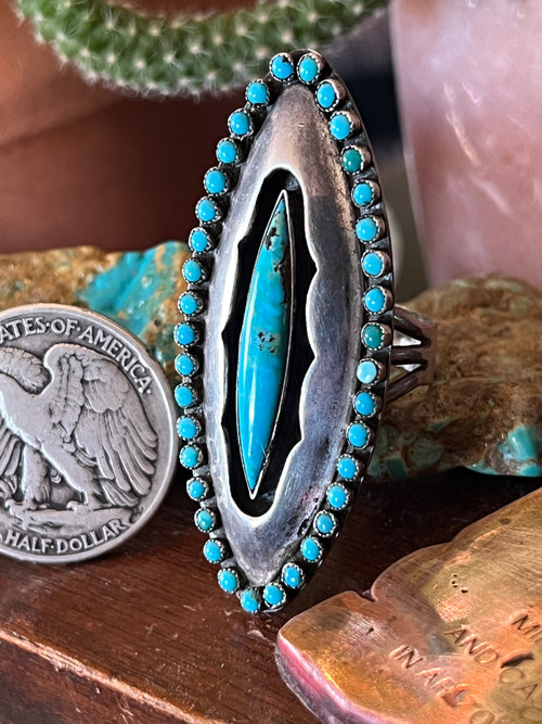 Old Pawn Sterling Silver and Turquoise Shadowbox Ring Signed LM