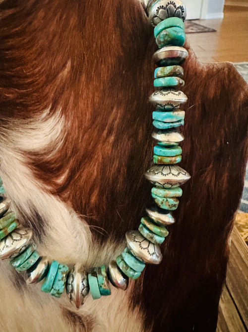Handcrafted Turquoise & Sterling Silver Beaded 16” Necklace