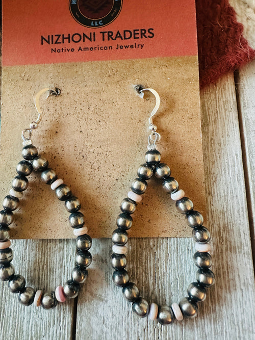 Handcrafted Queen Pink Conch & Sterling Silver Pearl Beaded Hoop Earrings