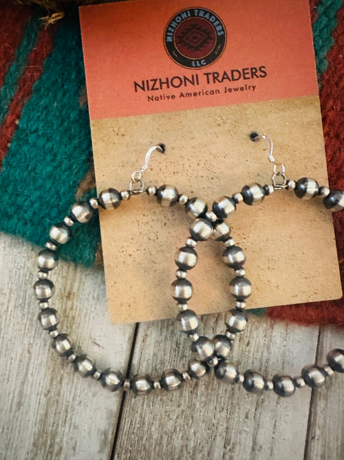 Handcrafted Sterling Silver Pearl Beaded Dangle Hoop Earrings 2 3/4”