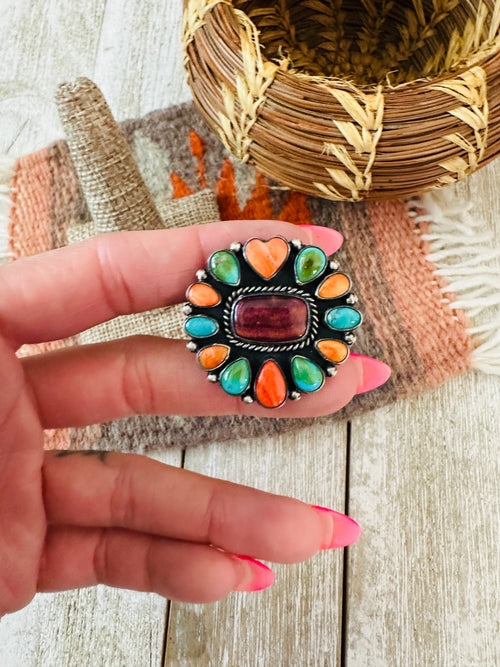 Navajo Electric Rainbow Sterling Silver, Turquoise & Spiny Ring by Bernyse Chavez and Angela Martin, Size 9