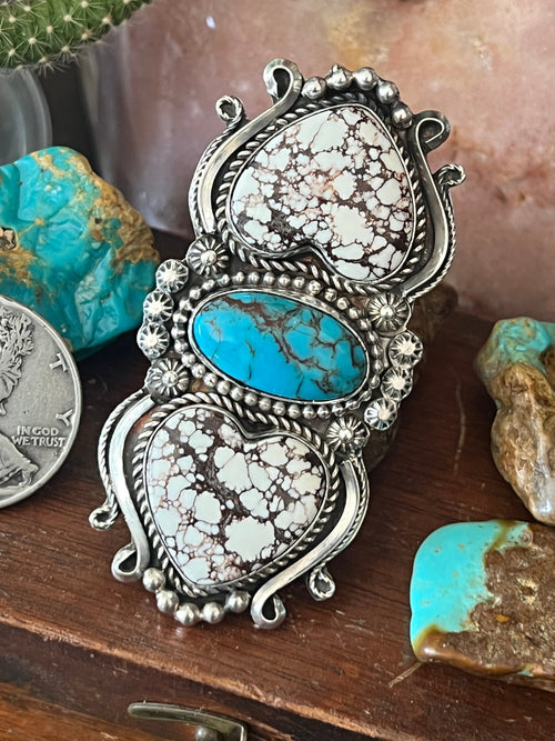 Apache Sterling Silver, Wild Horse Heart and Egyptian Turquoise Statement Ring by Rosella Paxson, Size 6.5