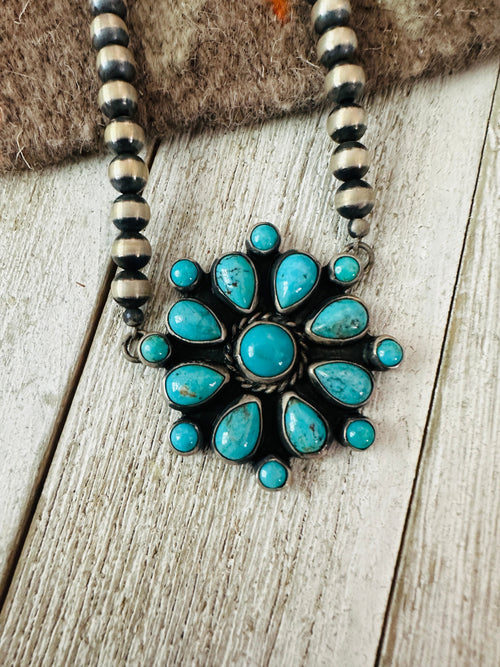 Navajo Sterling Silver & Turquoise Cluster Beaded Necklace