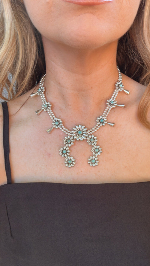 Handmade Sterling Silver & Turquoise Flower Squash Blossom Necklace
