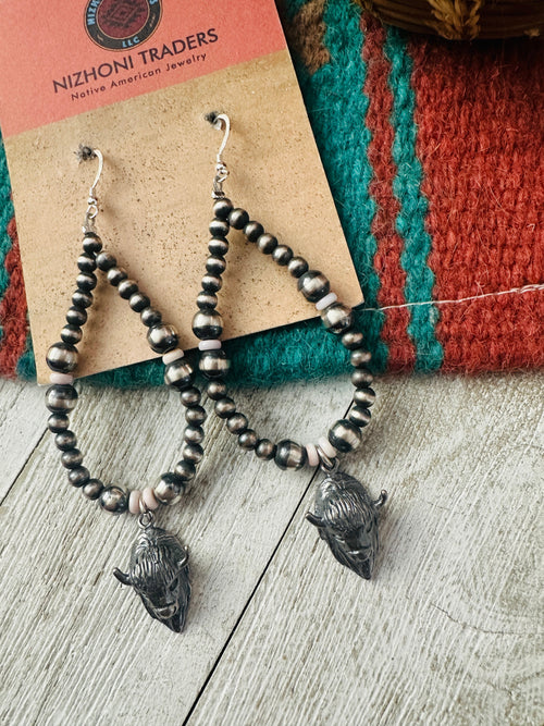 Handcrafted Queen Pink Conch & Sterling Silver Pearl Bullhead Beaded Hoop Earrings