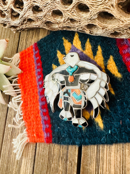 Vintage Navajo Sterling Silver & Multi Stone Inlay Eagle Dancer Bolo Slide