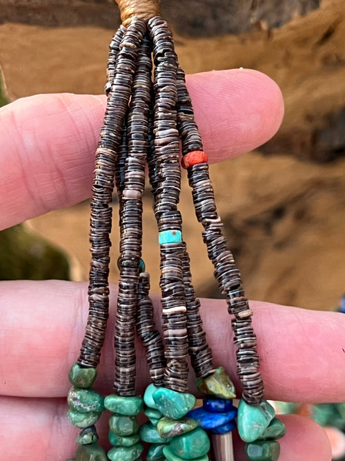 Gorgeous Santo Domingo Made Six Strand Turquoise and Spiny Oyster Beaded Squaw Wrap Necklace, Green