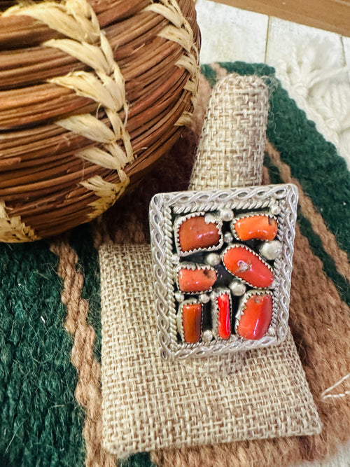 Handcrafted Old Pawn Coral and Sterling Silver Ring Size 11