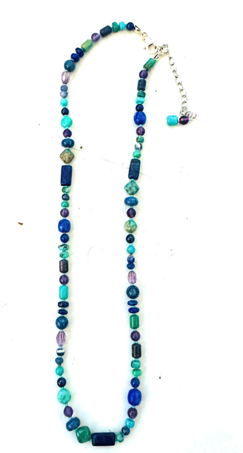 Handcrafted Multi Stone & Sterling Silver Pearl Beaded 17”Necklace w/ 3” extender