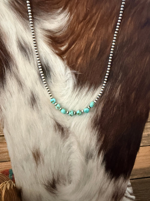 Handcrafted Turquoise & 3mm Sterling Silver Pearl Beaded Necklace