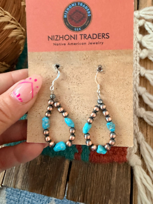 Handcrafted Copper & Turquoise Beaded Dangle Hoop Earrings