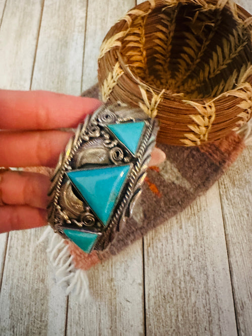 Handcrafted Old Pawn Turquoise & Sterling Silver Cuff Bracelet by Darrell Morgan /