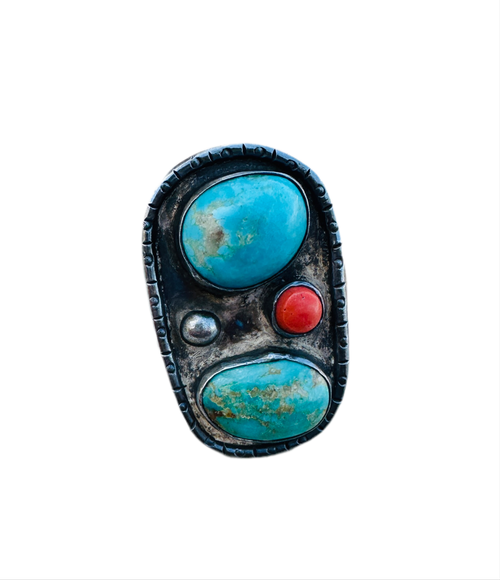 Old Pawn Navajo Sterling Silver, Turquoise & Coral Ring Size 11