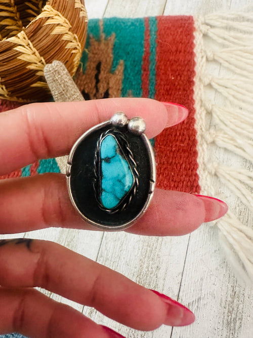 Handcrafted Old Pawn Sterling Silver & Turquoise Ring Size 7