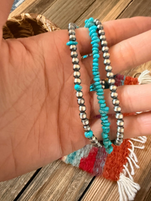 Handcrafted Turquoise & Sterling Silver Triple Strand Beaded Bracelet