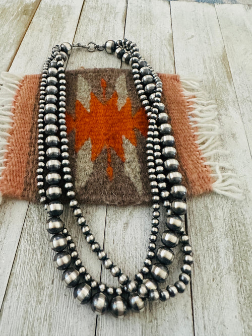 Navajo Sterling Silver Pearl Triple Strand 20” Beaded Necklace
