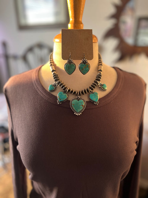 Navajo Sterling Silver and Kingman Turquoise Heart Charm Necklace and Earrings Set by Murphy Platero & Rose Martin