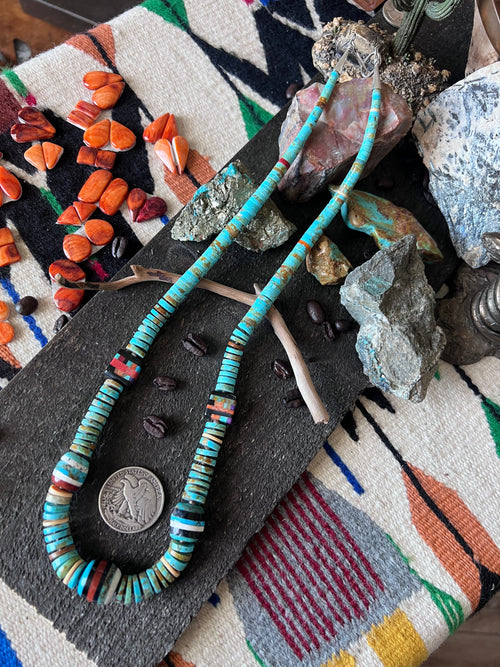 Ronald Chavez Handcrafted Turquoise Heishi Beaded Santo Domingo Necklace with Layered Bead Accents
