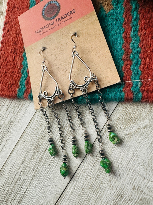 Navajo Sonoran Gold Turquoise & Sterling Silver Beaded Dangle Earrings