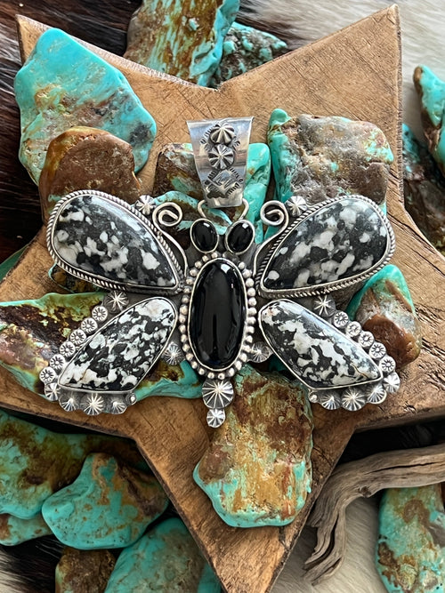 Apache Sterling Silver, White Buffalo and Black Onyx Butterfly Pendant by Rosella Paxson