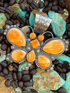 Apache Sterling Silver and Orange Spiny Oyster Shell Butterfly Pendant by Rosella Paxson