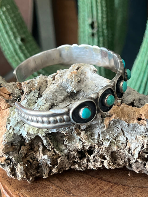 Handcrafted Vintage Sterling Silver and Round Turquoise Panel Stacker Cuff Bracelet