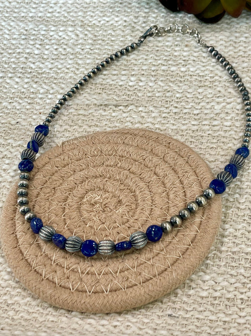** 4TH OF JULY ** Handmade Sterling Silver & Lapis Beaded Necklace with Signed Nizhoni
