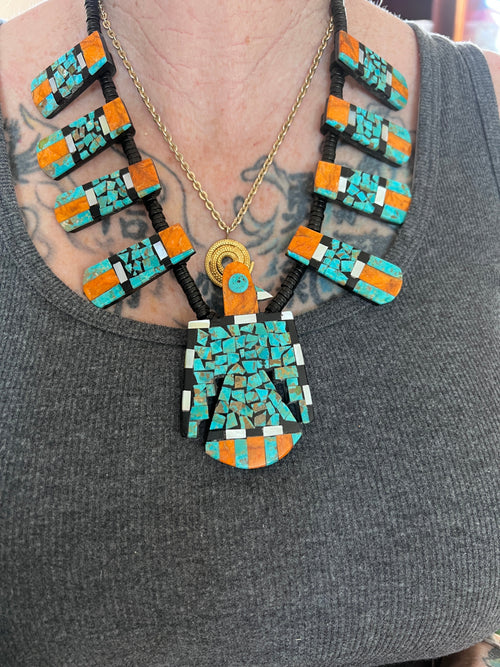 Handcrafted Inlay Turquoise and Apple Coral Thunderbird Tab Necklace & Earrings Set by Warren Nieto