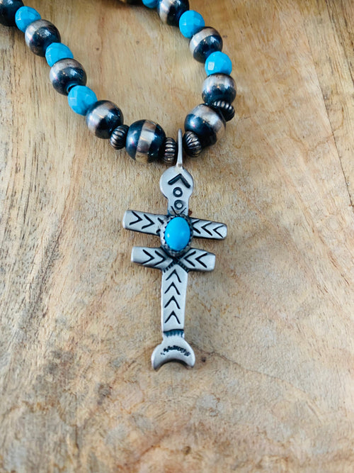 Handcrafted Sterling Silver Pearl & Turquoise Beaded Cross Necklace