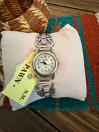Handcrafted Old Pawn Opal, Coral & Sterling Silver Inlay Watch Band