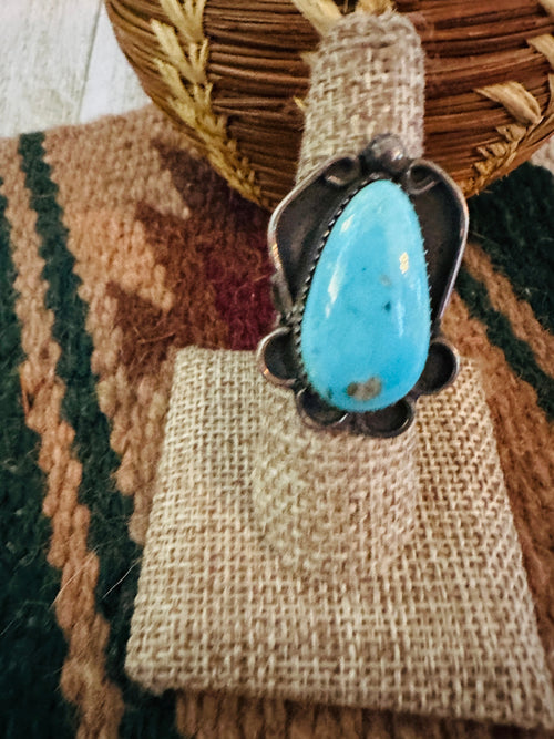 Old Pawn Handcrafted Turquoise & Sterling Silver Ring Size 7