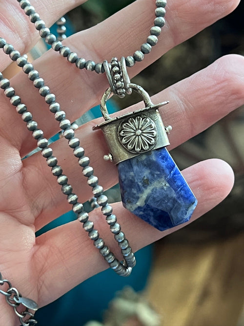 Sterling Silver Gem Collector 30” + 2” Beaded Necklace w/ Sodalite & Daisy Pendant